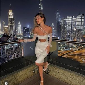 House of cb LOULOU IVORY SATIN CUTOUT MIDI DRESS XS